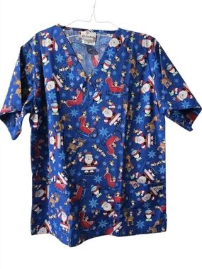 Festive Santa & Sleigh Scrub Top - Blue Christmas Print UA Scrubs Size S*